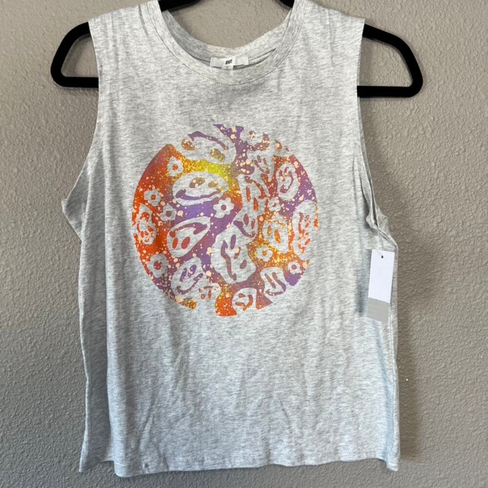 BP. Happy Face Flower Power Graphic Grey Sleeveless Tank Top Womens Small New - Picture 7 of 7